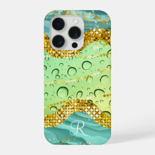 Monogram R Aqua Lime Gold Marble Fantasy Droplets iPhone 15 Pro Case