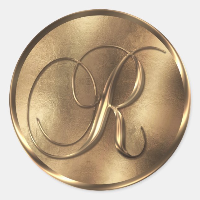 Monogram R Bronze Wedding Invitation Holiday Classic Round Sticker (Front)