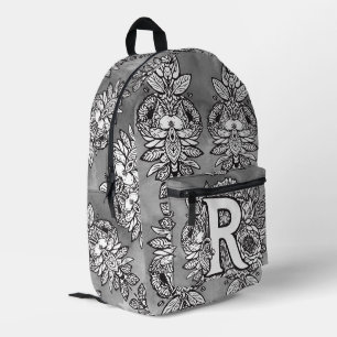 Monogram "R" Floral Tattoo Pattern Black White DIY Printed Backpack