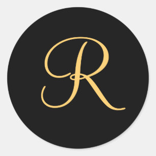 Monogram R,  gold coloured initial R on black, Classic Round Sticker