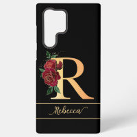 Monogram R golden custom name red roses black