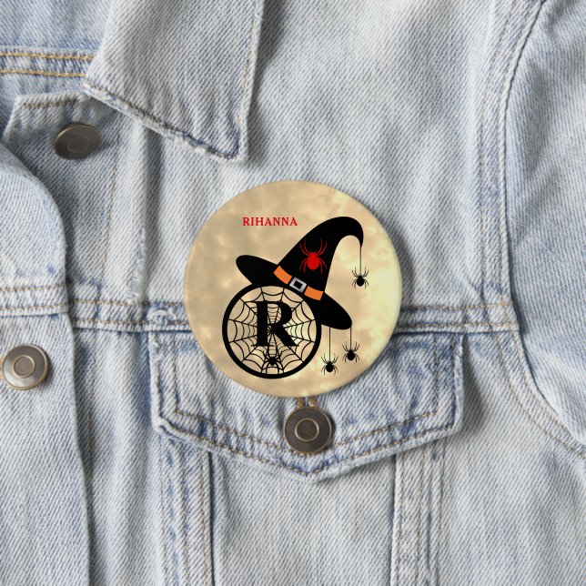 Monogram R Halloween Sky Witch Spiders Name 3 Inch Round Button (In Situ)
