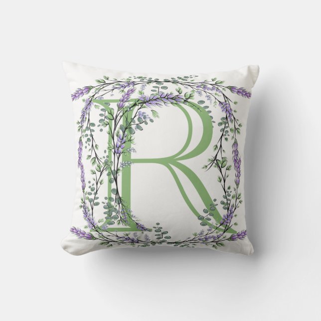 Monogram R Lavender Eucalyptus Throw Pillow (Front)