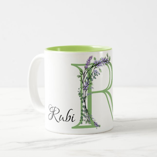 Monogram R Lavender Eucalyptus Two-Tone Coffee Mug (Front Left)