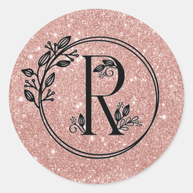 Monogram R Rose Gold Blush Pink Glitter Floral Classic Round Sticker (Front)