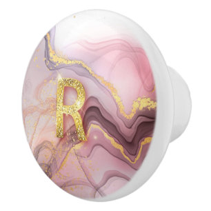 Monogram R Rosegold Pink Glitter Girly Gift Ceramic Knob