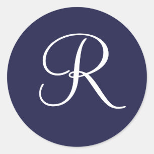 Monogram R, White on Navy Blue, Classic Round Sticker