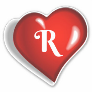 Monogram R, white script on ruby red heart