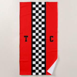 Monogram Race Car Chequered Pattern with Red Beach Towel
