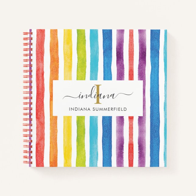 Monogram Rainbow Colourful Stripes Name Watercolor Notebook (Front)