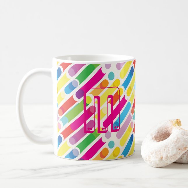 Monogram Rainbow Diagonal Lines Pattern Pop Art Coffee Mug (With Donut)