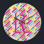Monogram Rainbow Diagonal Lines Pattern Pop Art Large Clock<br><div class="desc">Monogram Rainbow Diagonal Lines Pattern Pop Art Trendy Design For All Occassion,  Holiday,  Birthday Party,  Anniversary - gifts and presents,  with Monogram text template. Summer Holiday. Red,  Blue,  Pink,  Yellow,  Violet,  Magenta,  Green - Abstract colours.</div>