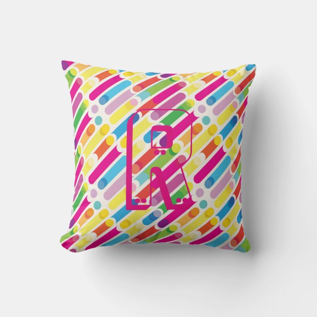 Monogram Rainbow Diagonal Lines Pattern Pop Art Throw Pillow (Front)