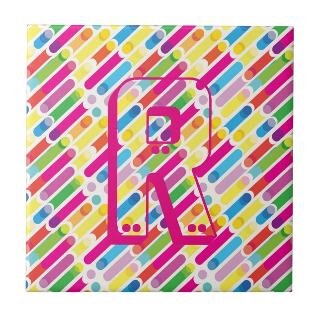 Monogram Rainbow Diagonal Lines Pattern Pop Art Tile (Front)