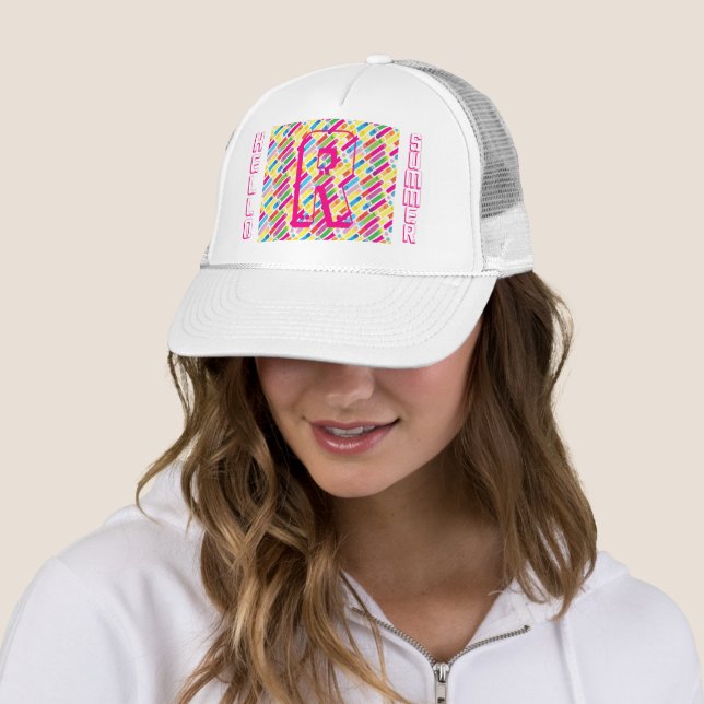 Monogram Rainbow Diagonal Lines Pattern Pop Art Trucker Hat (In Situ)