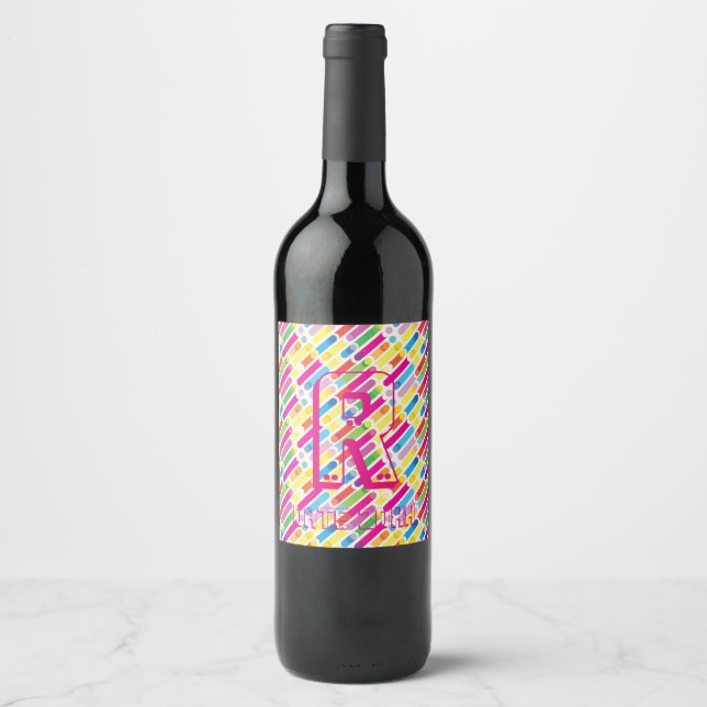 Monogram Rainbow Diagonal Lines Pattern Pop Art Wine Label (Front)