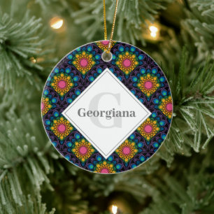 Monogram Rainbow Floral Fountain Art Deco Scallops Ceramic Ornament