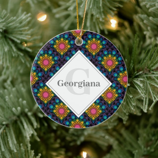 Monogram Rainbow Floral Fountain Art Deco Scallops Ceramic Ornament (Tree)