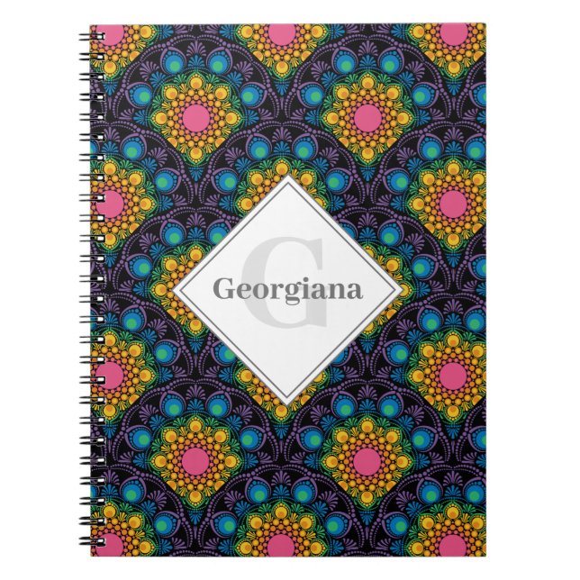 Monogram Rainbow Floral Fountain Art Deco Scallops Notebook (Front)