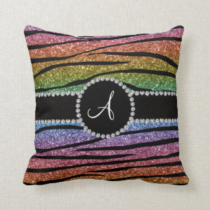Monogram rainbow glitter zebra stripes circle throw pillow