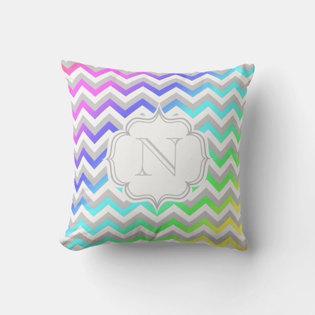 Monogram Rainbow Gradient Colourful Chevron Throw Pillow (Front)