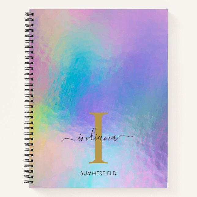 Monogram Rainbow Holographic Gold Initial Name Notebook (Front)