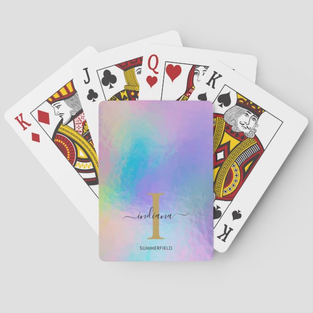 Monogram Rainbow Holographic Gold Initial Name Playing Cards (Back)