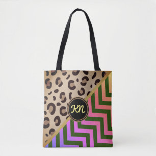 Monogram Rainbow Leopard Print Chevron Two-Tone Tote Bag