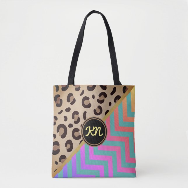 Monogram Rainbow Leopard Print Chevron Two-Tone  Tote Bag (Front)
