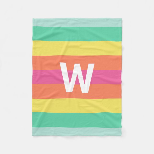 Monogram Rainbow Sherbet Color Block Stripe Family Fleece Blanket (Front)