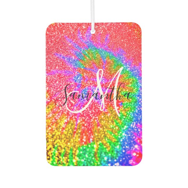 Monogram Rainbow Tie Dye Faux Glitter Photo Air Freshener (Front)