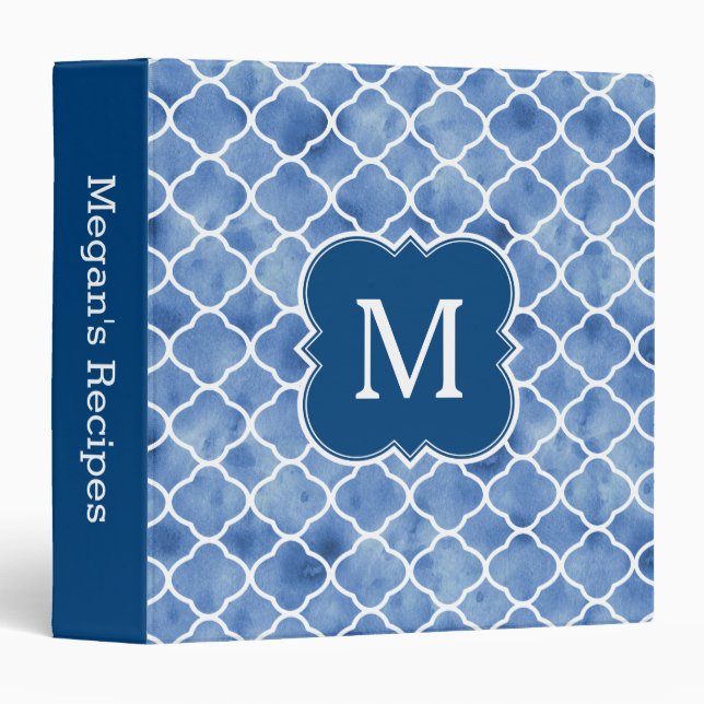 Monogram Recipe Navy Blue Watercolor Pattern Binder (Front/Spine)