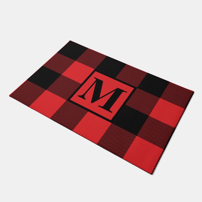 Monogram Red and Black Buffalo Plaid Christmas Doormat (Angled)
