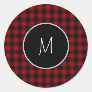 Monogram Red and Black Buffalo Plaid Classic Round Sticker