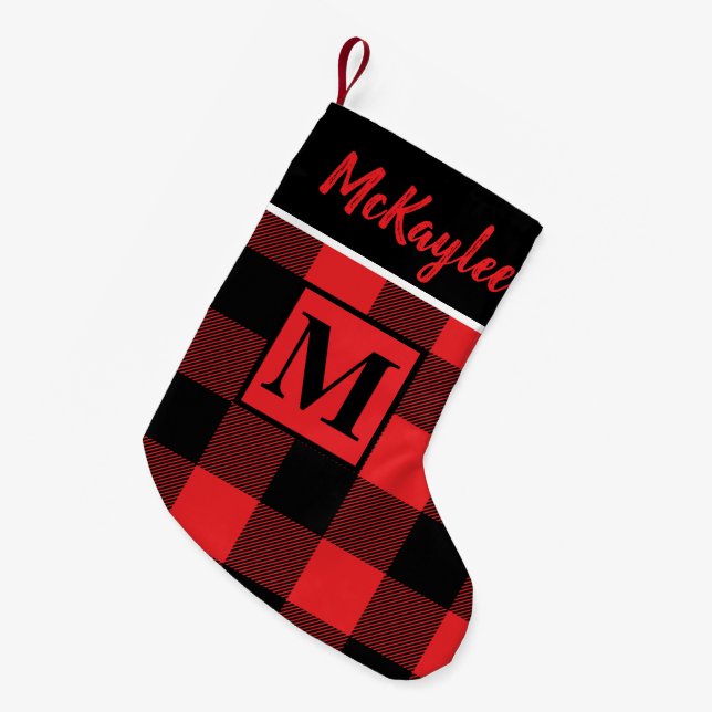 Monogram Red and Black Buffalo Plaid Personalized Small Christmas Stocking (Front (Hanging))