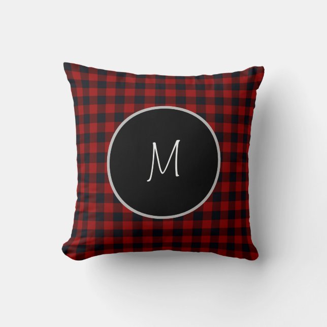 Monogram Red and Black Buffalo Plaid Throw Pillow (Front)