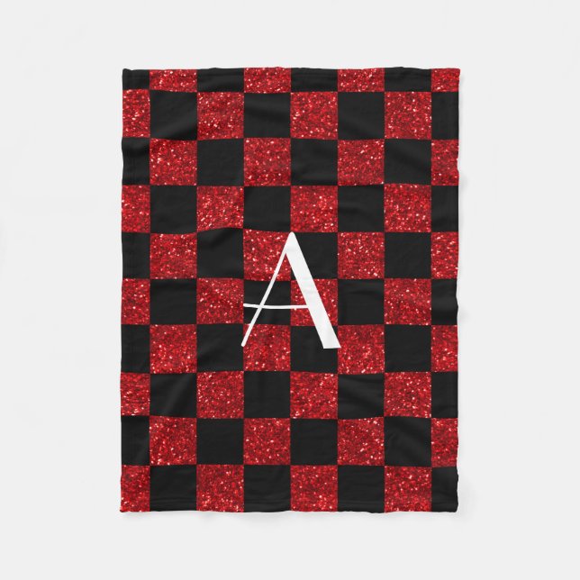 Monogram red and black glitter chequered fleece blanket (Front)