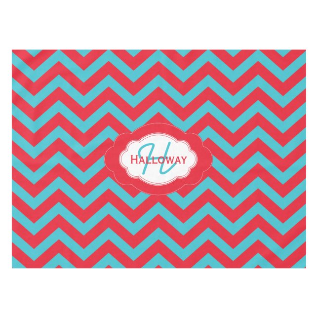 Monogram Red and Blue Chevron Christmas Tablecloth (Front (Horizontal))