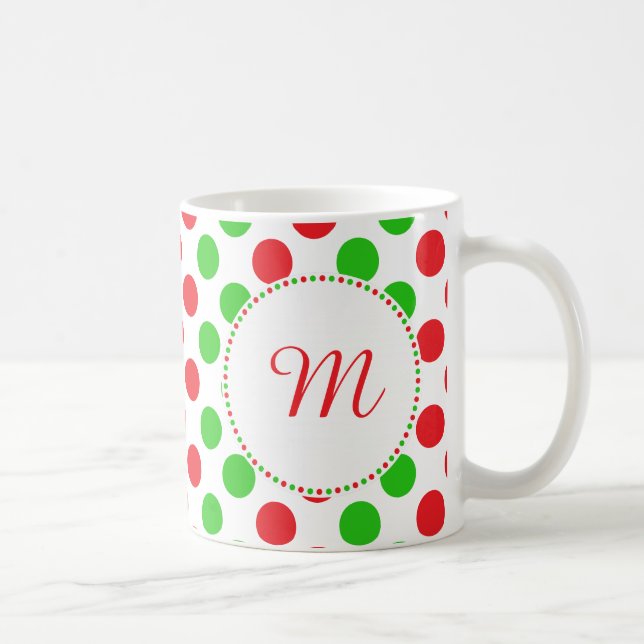 Monogram Red and Green Polka Dot Pattern Christmas Coffee Mug (Right)