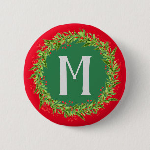 Monogram Red and Green Wreath Christmas 2 Inch Round Button