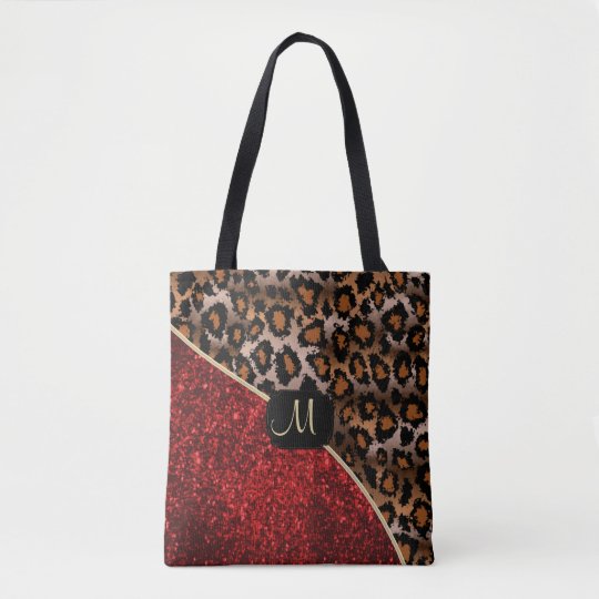 Monogram - Red and Leopard Pattern Tote Bag
