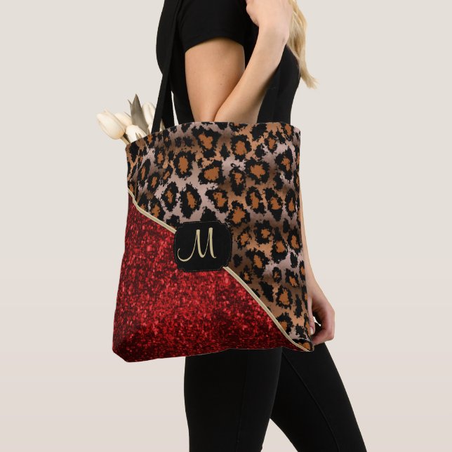 Monogram - Red and Leopard Pattern Tote Bag (Close Up)