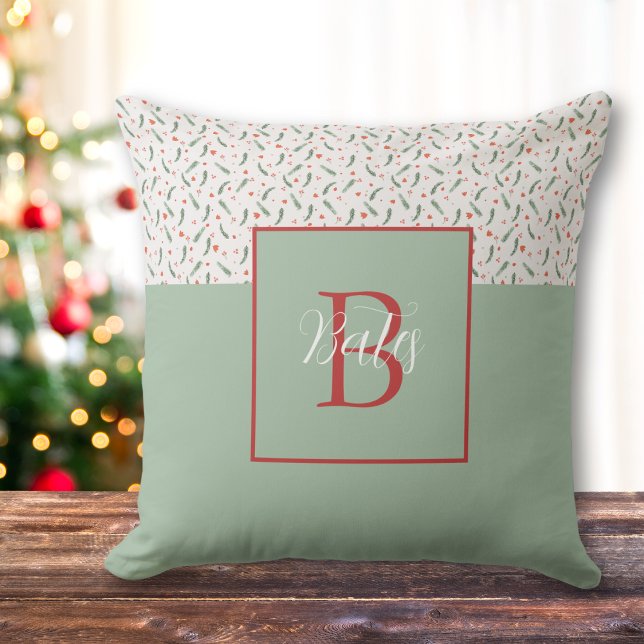 Monogram Red and Light Green Holiday Pattern Throw Pillow (Creator Uploaded)