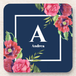 Monogram Red and Pink Flowers Dark Navy Blue Coaster