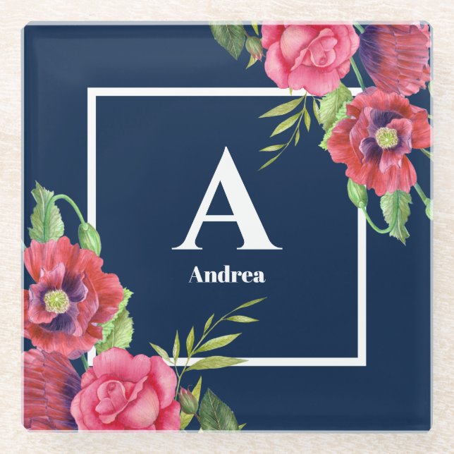 Monogram Red and Pink Flowers Dark Navy Blue Glass Coaster (Front)