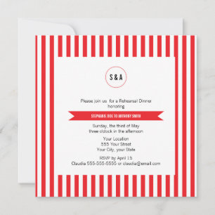 Monogram Red and White Stripes Pattern Rehearsal Invitation