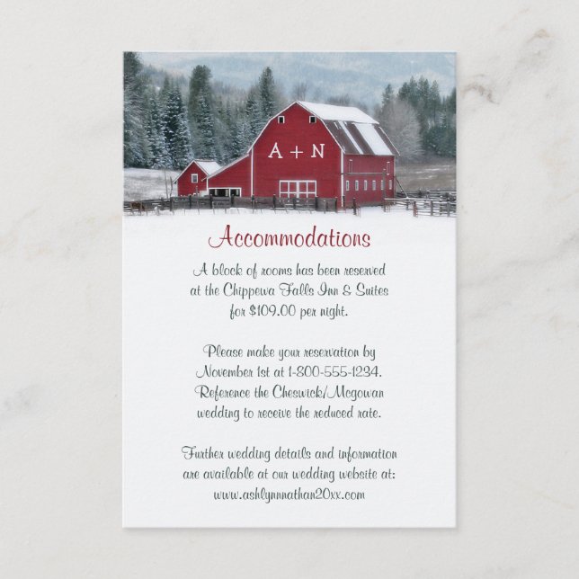 Monogram Red Barn in Winter Wedding Enclosure Card (Front)