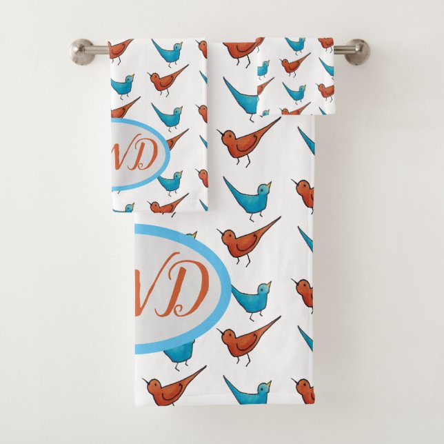 Monogram Red Bird Bluebird Bath Towel Set (Insitu)