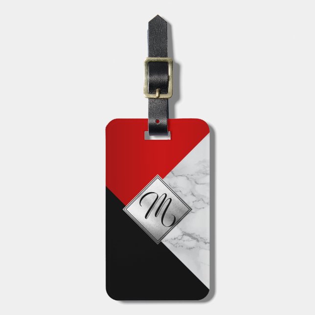 Monogram Red, Black and Grey Marble Luggage Tag (Front Vertical)