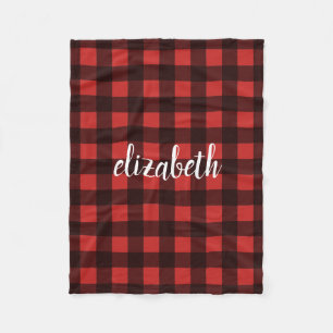 Monogram Red Black Buffalo Plaid Custom Name Fleece Blanket